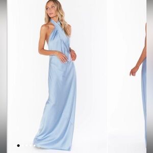 Jasmine Halter Maxi Dress. Show me your MUMU long formal dress. Light blue.